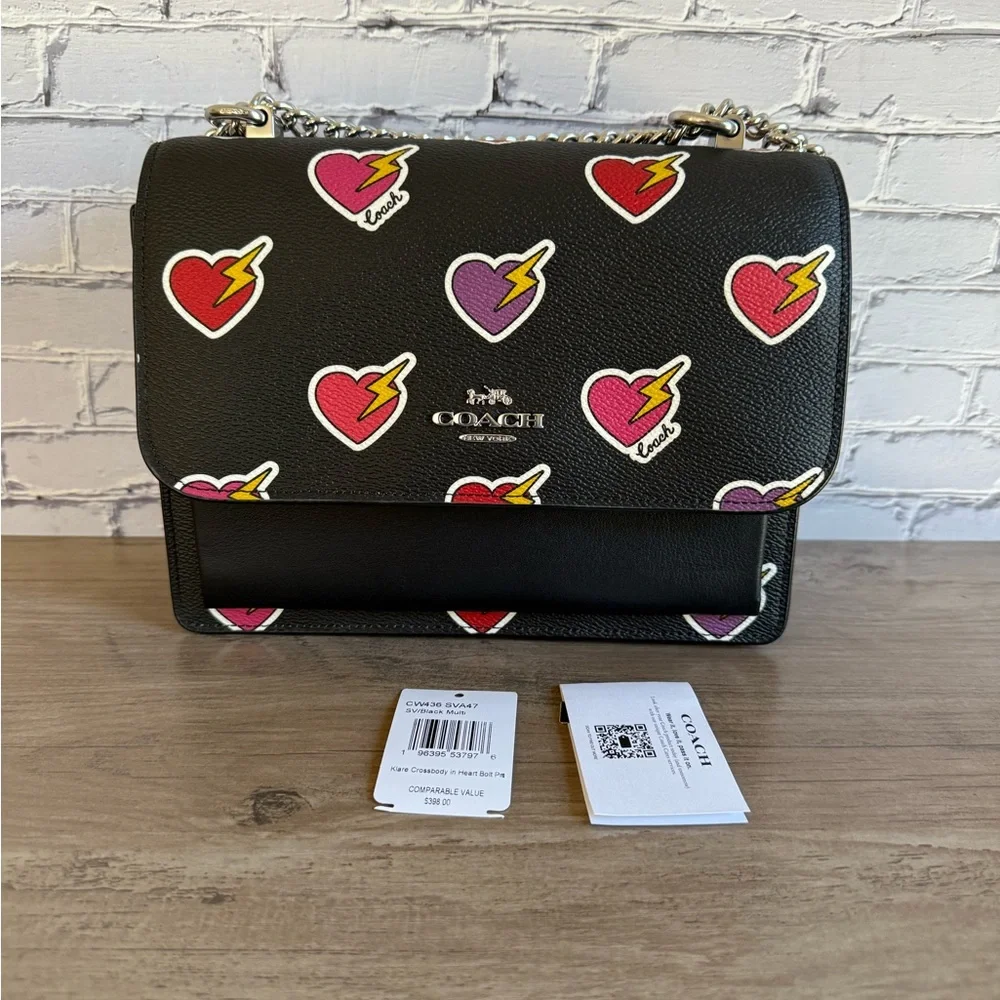 NWT Coach Klare Chain Crossbody shoulder Bag Heart Bolt Print Black/Silver CW436